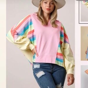 BNWT Boutique Pink Multi Colorblock Bubble Sleeve Top/Sweater